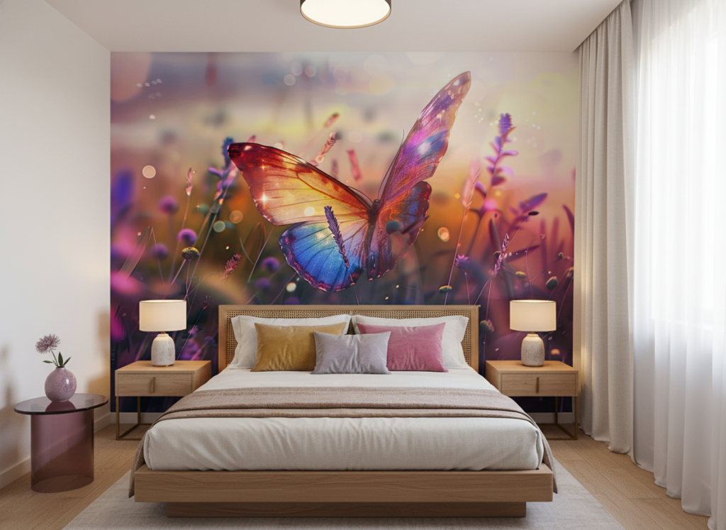 Papillon Multicolore et Fleurs Sauvages dans Lumière Dorée Magique - Chambre adulte