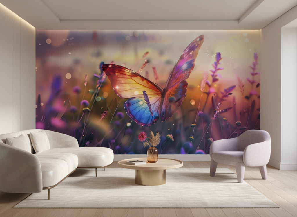 Papillon Multicolore et Fleurs Sauvages dans Lumière Dorée Magique - Salon / Séjour