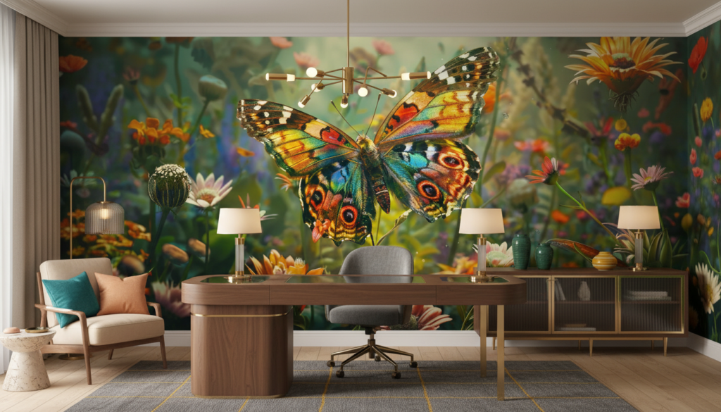 Papillon multicolore vibrant dans jardin fleuri naturel enchanteur - Bureau