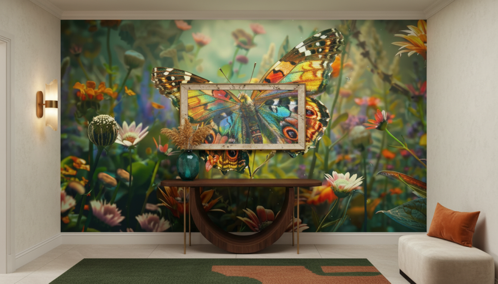 Papillon multicolore vibrant dans jardin fleuri naturel enchanteur - Entrée