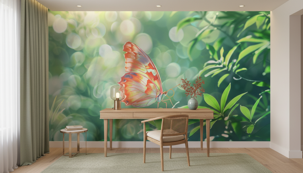 Papillon tropical aux ailes corail dans jardin luxuriant lumineux - Bureau