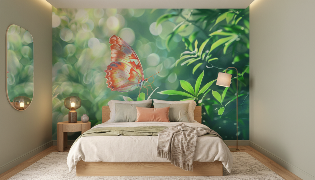 Papillon tropical aux ailes corail dans jardin luxuriant lumineux - Chambre adulte
