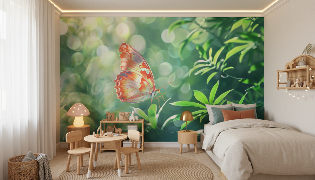Papillon tropical aux ailes corail dans jardin luxuriant lumineux - Chambre enfant