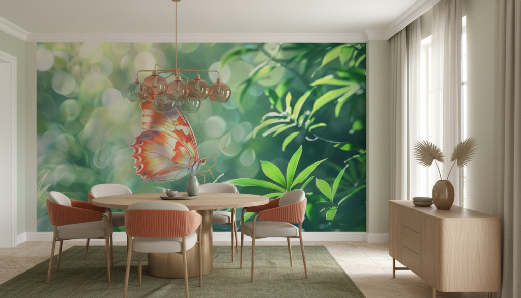 Papillon tropical aux ailes corail dans jardin luxuriant lumineux - Salle à manger