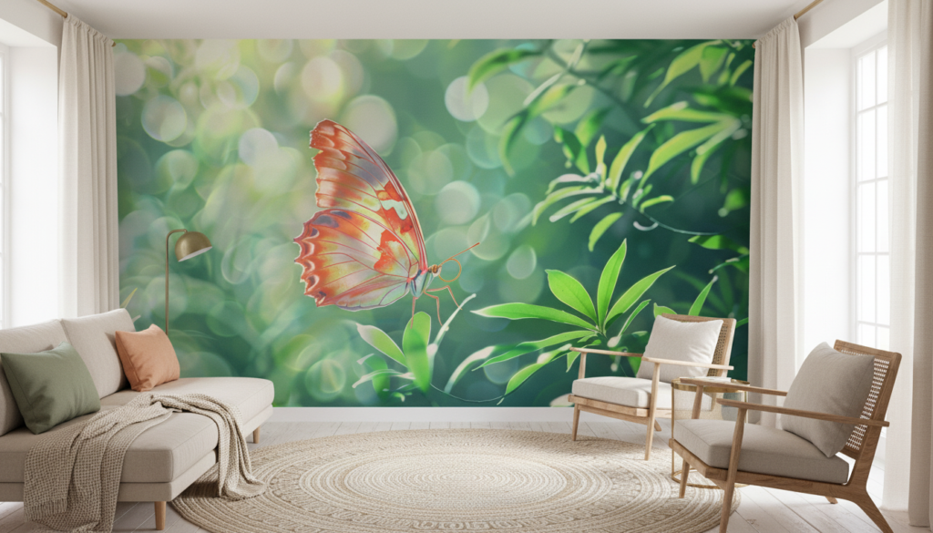 Papillon tropical aux ailes corail dans jardin luxuriant lumineux - Salon / Séjour