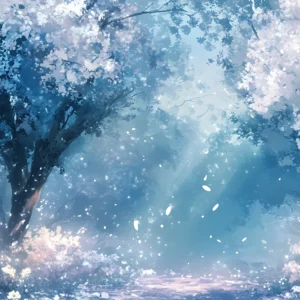 Papier peint forêt enchantée sakura bleu rose pétales volants