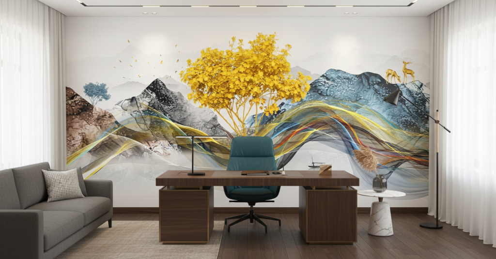 Paysage artistique abstrait aux courbes fluides et arbre doré - Bureau