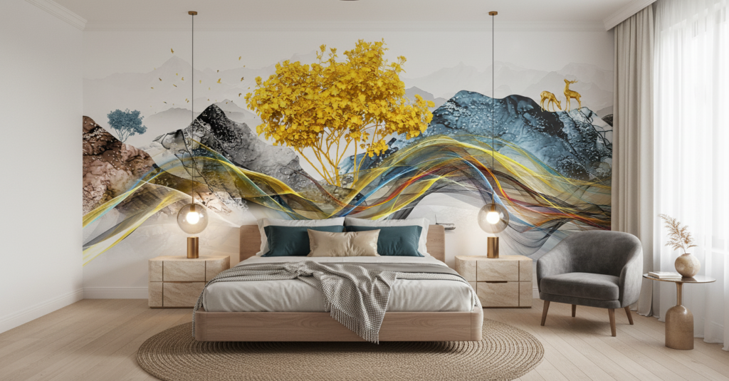 Paysage artistique abstrait aux courbes fluides et arbre doré - Chambre adulte