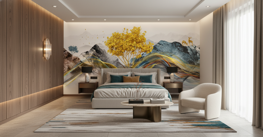 Paysage artistique abstrait aux courbes fluides et arbre doré - Hôtel