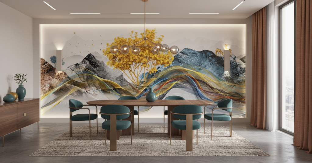 Paysage artistique abstrait aux courbes fluides et arbre doré - Salle à manger