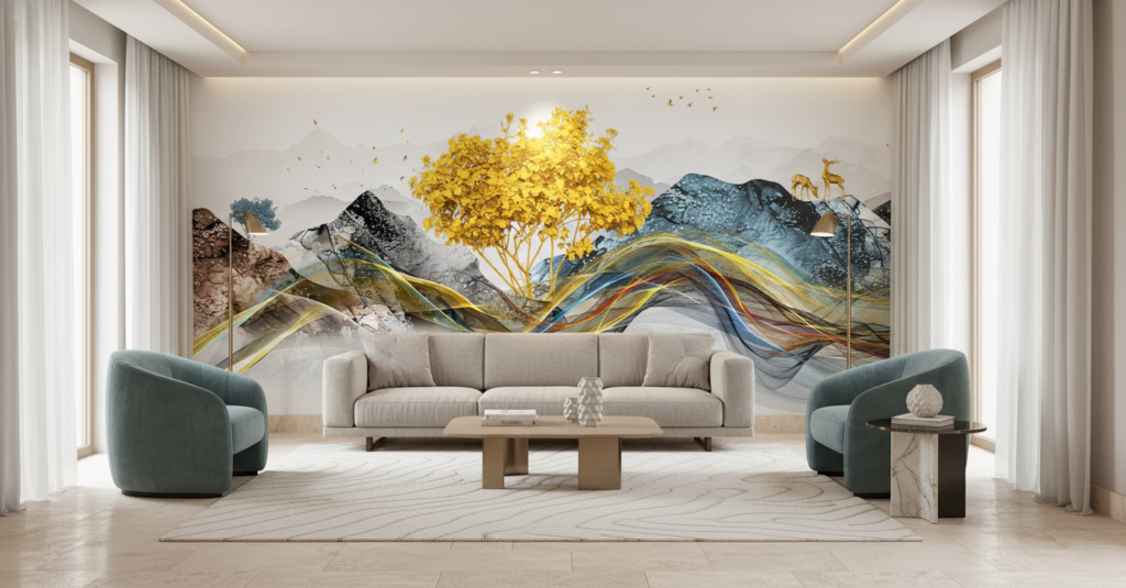 Paysage artistique abstrait aux courbes fluides et arbre doré - Salon / Séjour