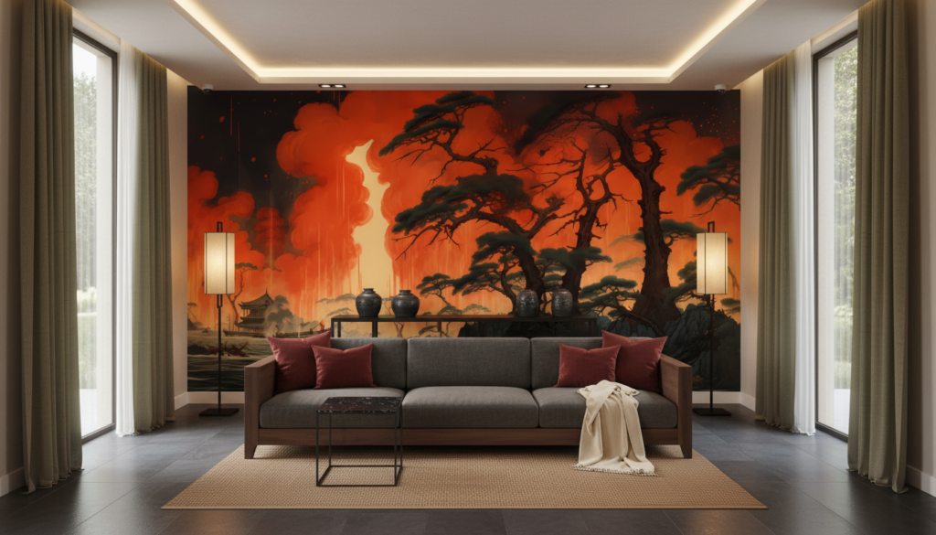 Paysage asiatique dramatique avec cerisiers et pagodes au coucher de soleil - Hôtel