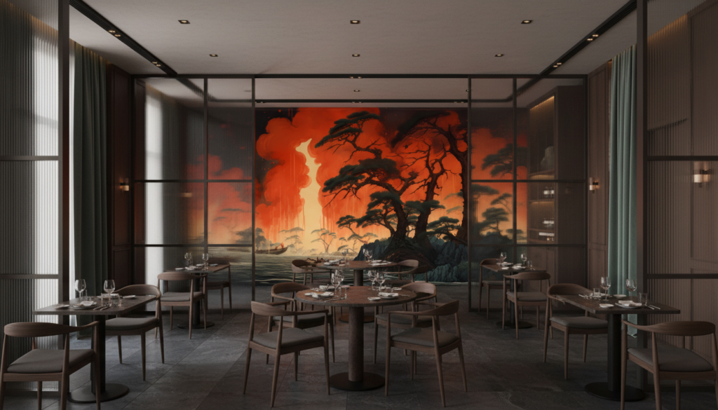 Paysage asiatique dramatique avec cerisiers et pagodes au coucher de soleil - Restaurant