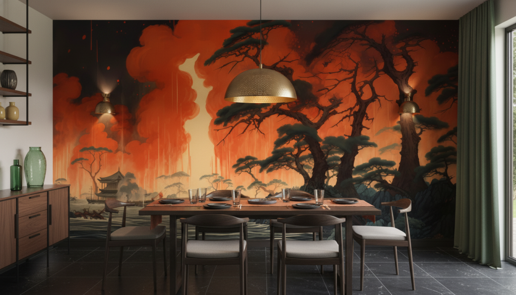 Paysage asiatique dramatique avec cerisiers et pagodes au coucher de soleil - Salle à manger
