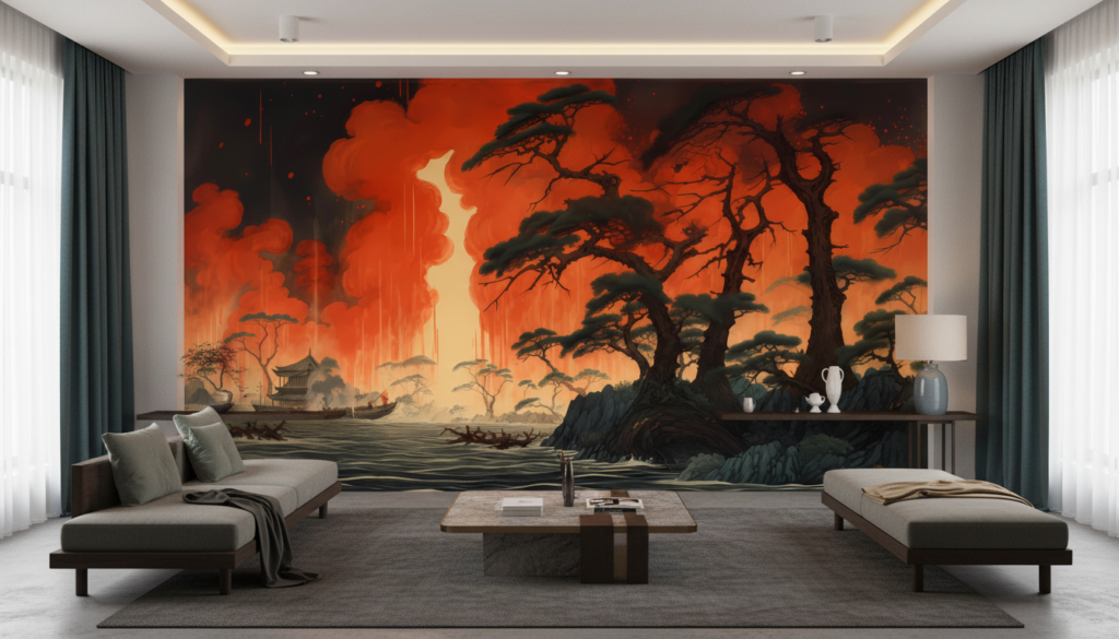 Paysage asiatique dramatique avec cerisiers et pagodes au coucher de soleil - Salon / Séjour