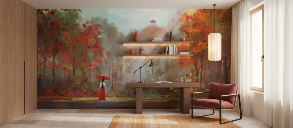 Paysage Automnal Japonais avec Pagode et Femme au Parasol Rouge - Bureau