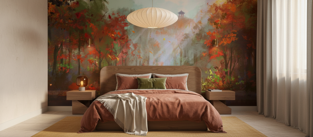 Paysage Automnal Japonais avec Pagode et Femme au Parasol Rouge - Chambre adulte