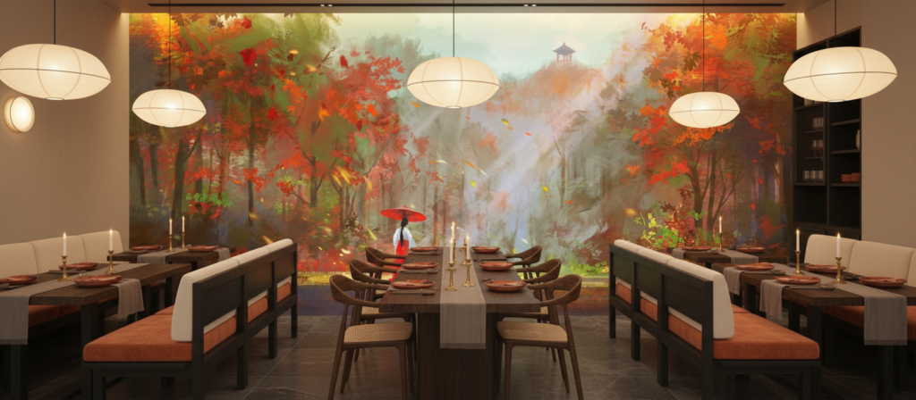 Paysage Automnal Japonais avec Pagode et Femme au Parasol Rouge - Restaurant