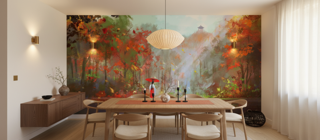 Paysage Automnal Japonais avec Pagode et Femme au Parasol Rouge - Salle à manger