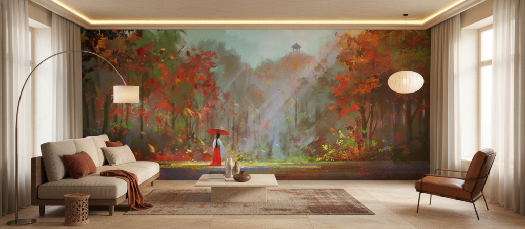 Paysage Automnal Japonais avec Pagode et Femme au Parasol Rouge - Salon / Séjour