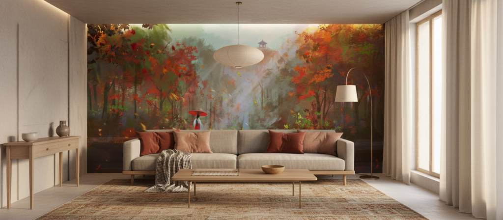 Paysage Automnal Japonais avec Pagode et Femme au Parasol Rouge - Salon / Séjour