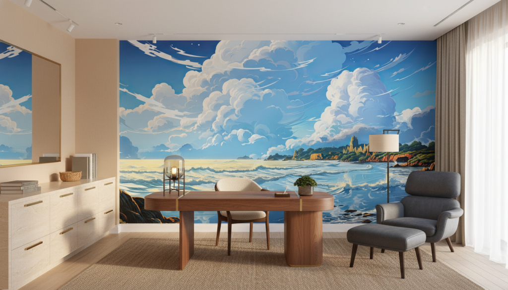 Paysage côtier majestueux avec nuages dramatiques et reflets océaniques - Bureau