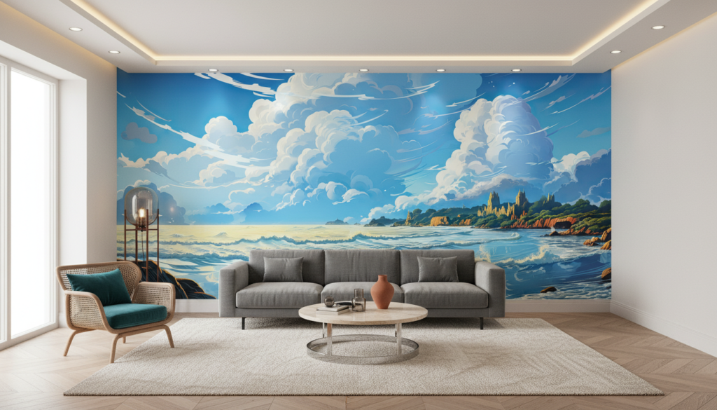 Paysage côtier majestueux avec nuages dramatiques et reflets océaniques - Salon / Séjour