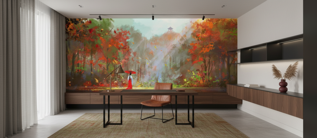 Paysage d'automne mystique avec personnage au parapluie rouge - Bureau