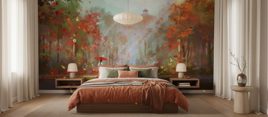 Paysage d'automne mystique avec personnage au parapluie rouge - Chambre adulte