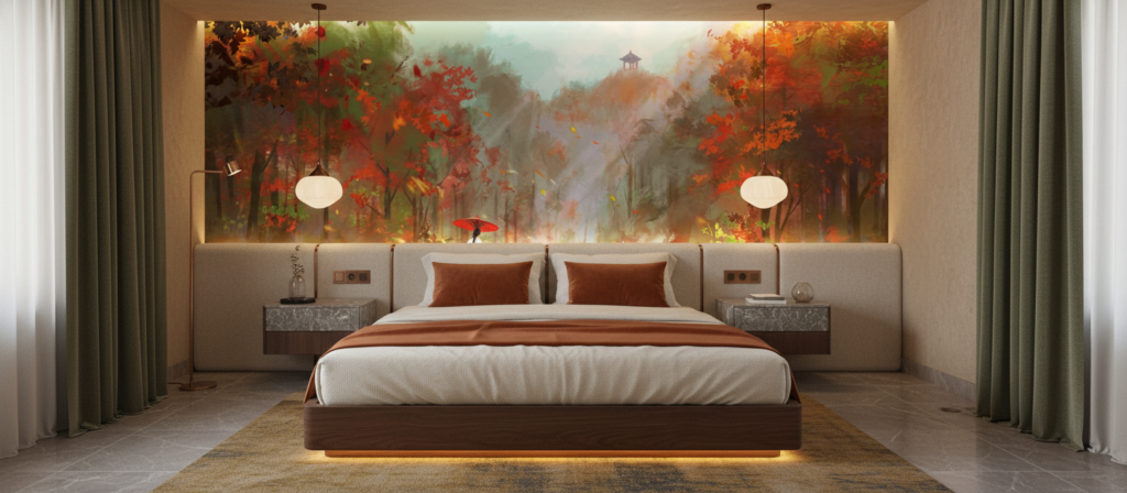 Paysage d'automne mystique avec personnage au parapluie rouge - Hôtel