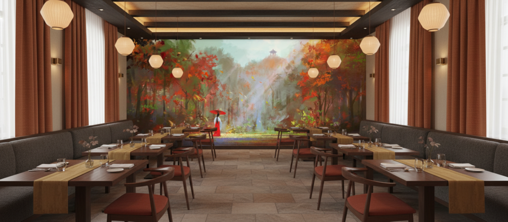 Paysage d'automne mystique avec personnage au parapluie rouge - Restaurant