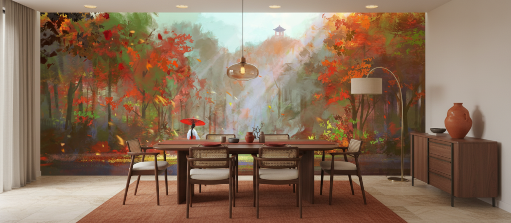 Paysage d'automne mystique avec personnage au parapluie rouge - Salle à manger