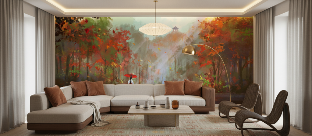 Paysage d'automne mystique avec personnage au parapluie rouge - Salon / Séjour