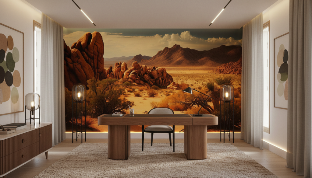 Paysage désertique aux rochers rouges et montagnes dorées - Bureau