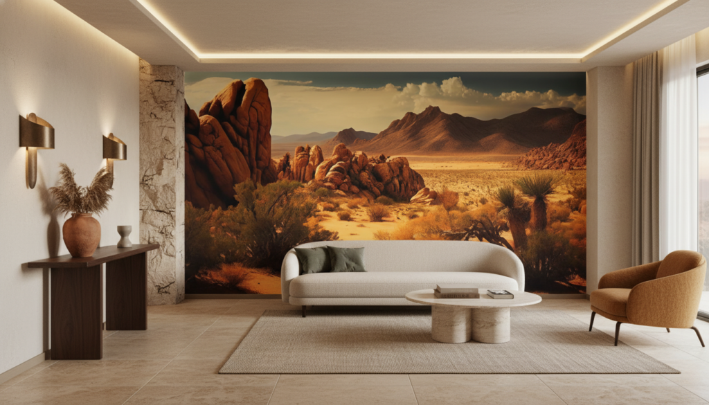 Paysage désertique aux rochers rouges et montagnes dorées - Hôtel