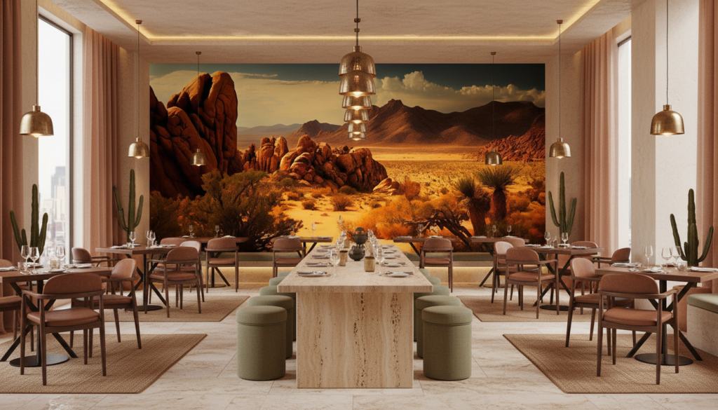 Paysage désertique aux rochers rouges et montagnes dorées - Restaurant