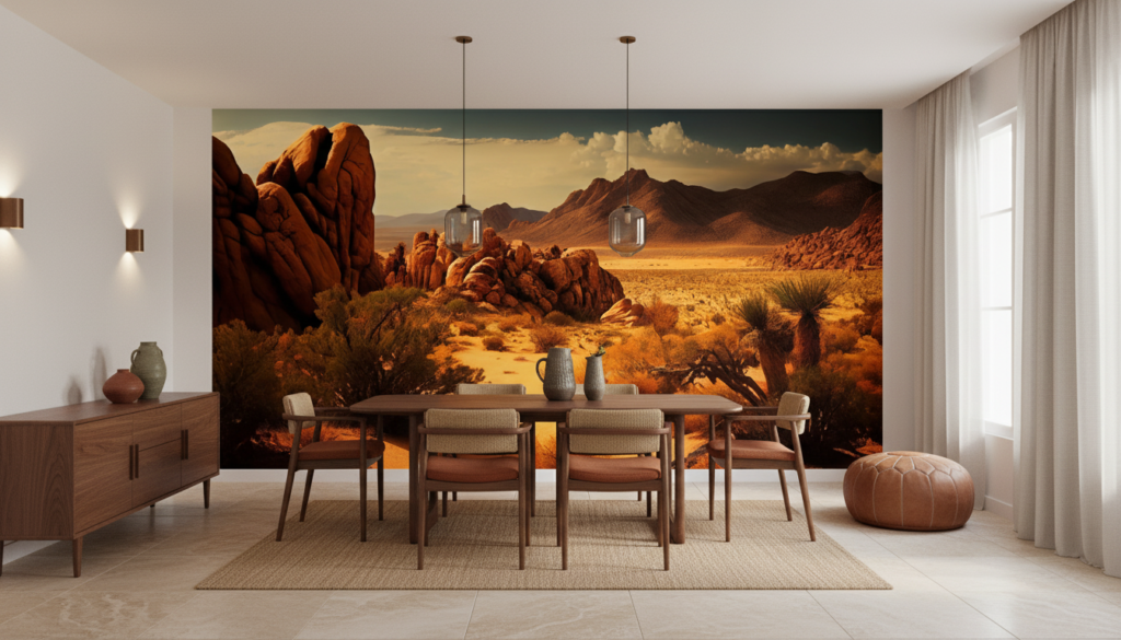 Paysage désertique aux rochers rouges et montagnes dorées - Salle à manger