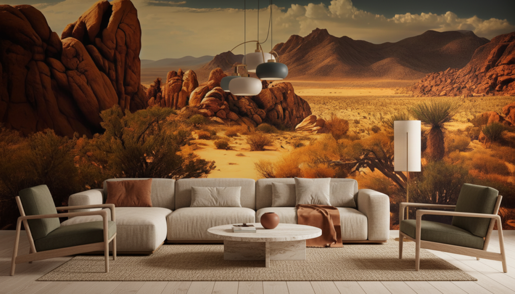 Paysage désertique aux rochers rouges et montagnes dorées - Salon / Séjour