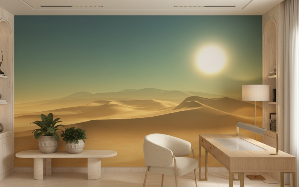 Paysage désertique doré avec dunes ondulantes et soleil éclatant - Bureau