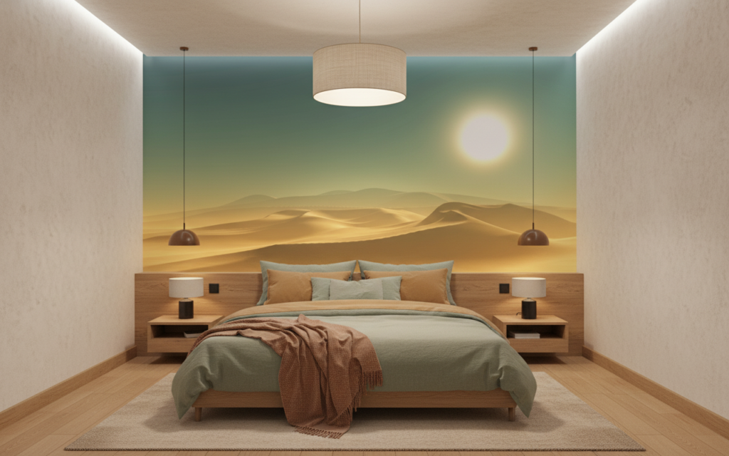 Paysage désertique doré avec dunes ondulantes et soleil éclatant - Chambre adulte