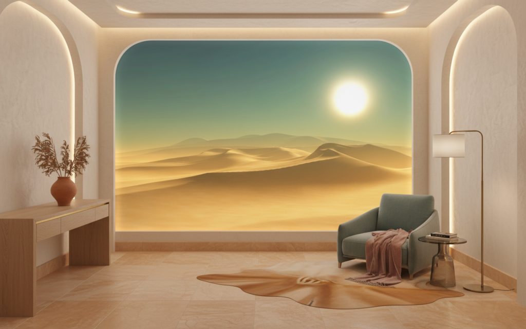 Paysage désertique doré avec dunes ondulantes et soleil éclatant - Hôtel