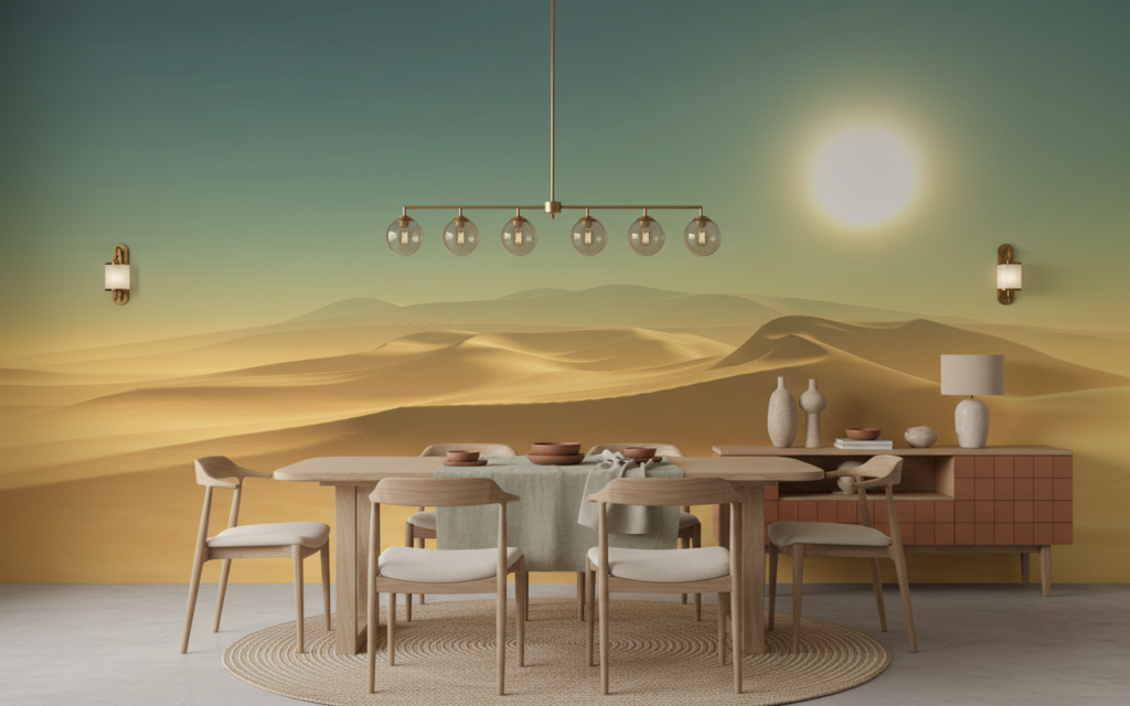 Paysage désertique doré avec dunes ondulantes et soleil éclatant - Salle à manger