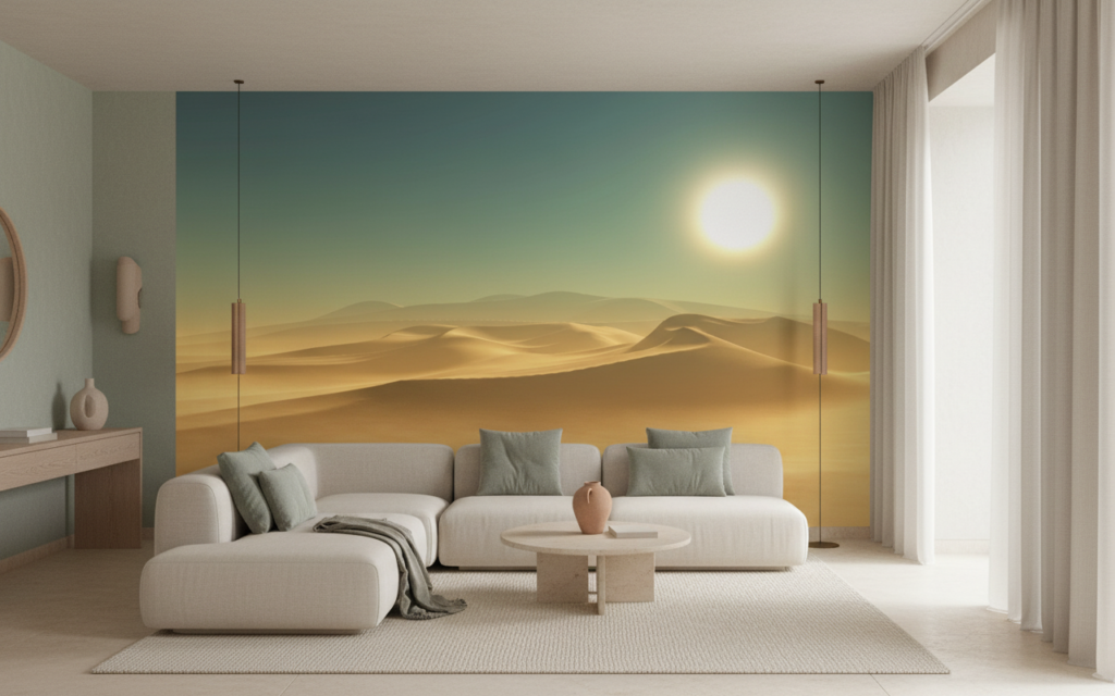 Paysage désertique doré avec dunes ondulantes et soleil éclatant - Salon / Séjour