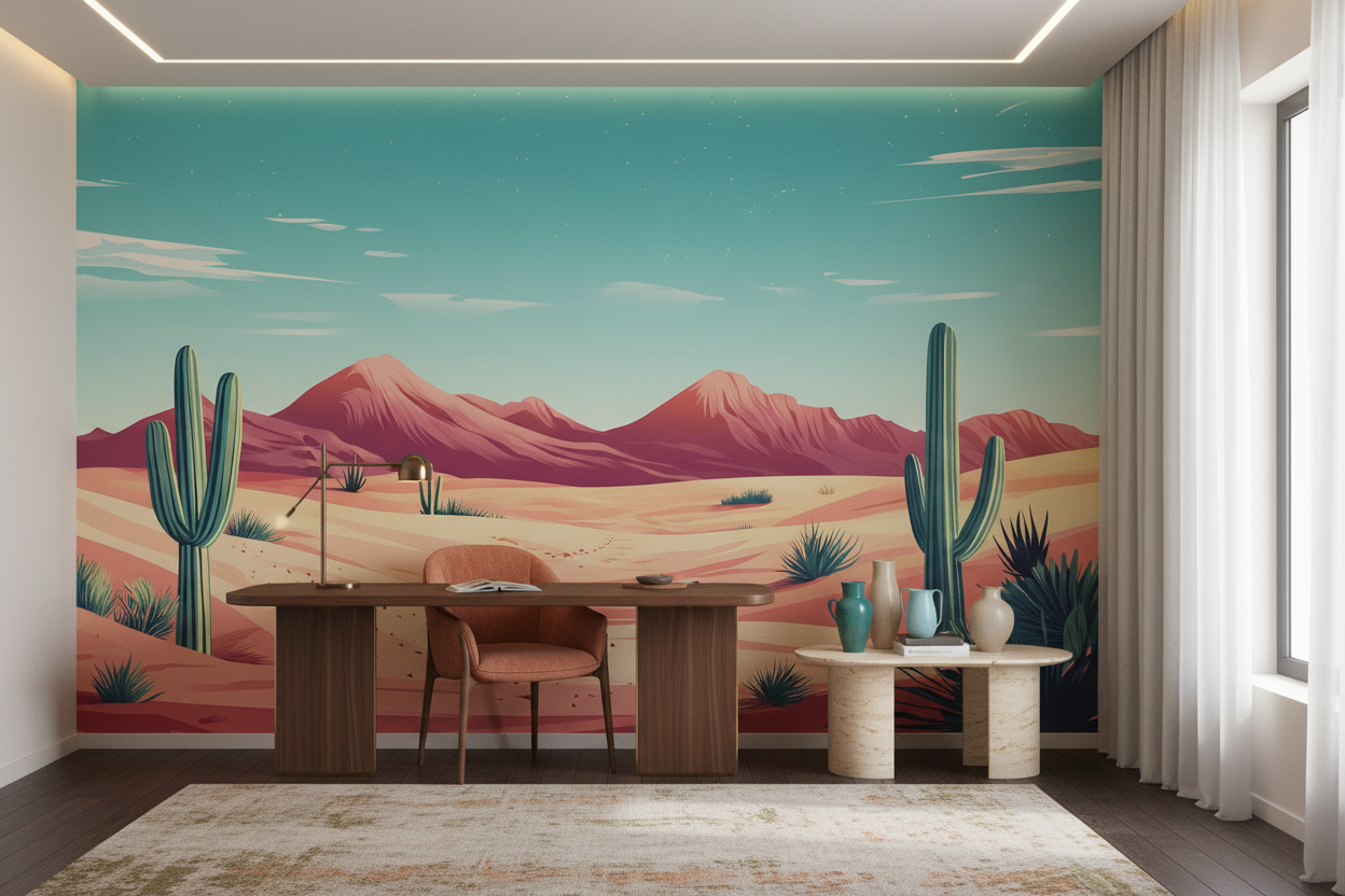 Paysage désertique stylisé avec cactus et montagnes colorées - Bureau