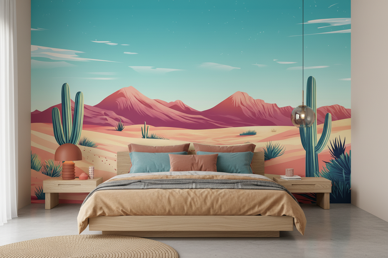 Paysage désertique stylisé avec cactus et montagnes colorées - Chambre adulte