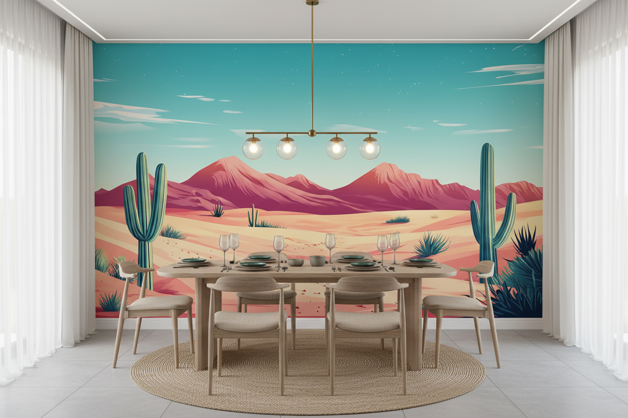 Paysage désertique stylisé avec cactus et montagnes colorées - Salle à manger