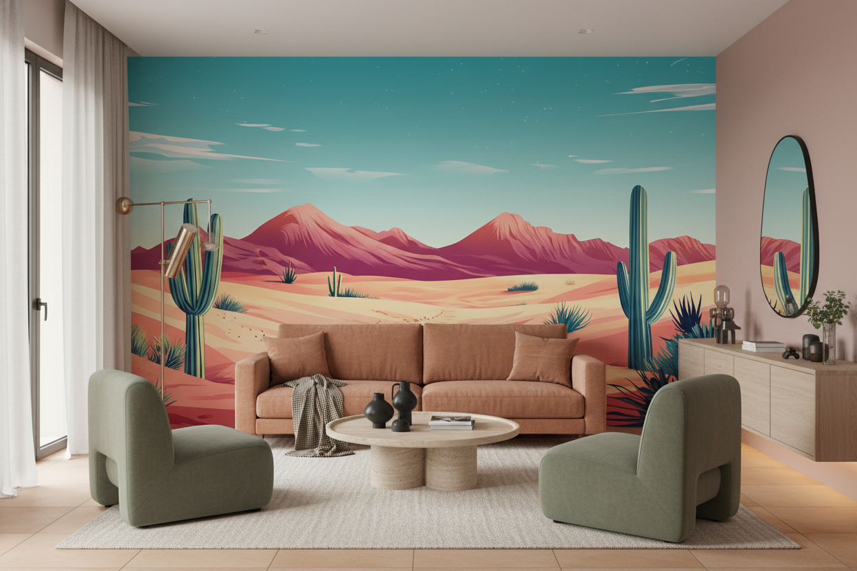 Paysage désertique stylisé avec cactus et montagnes colorées - Salon / Séjour