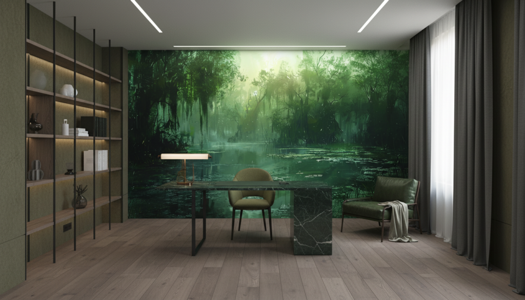 Paysage de Marais Mystérieux avec Reflets Verts et Atmosphère Brumeuse - Bureau