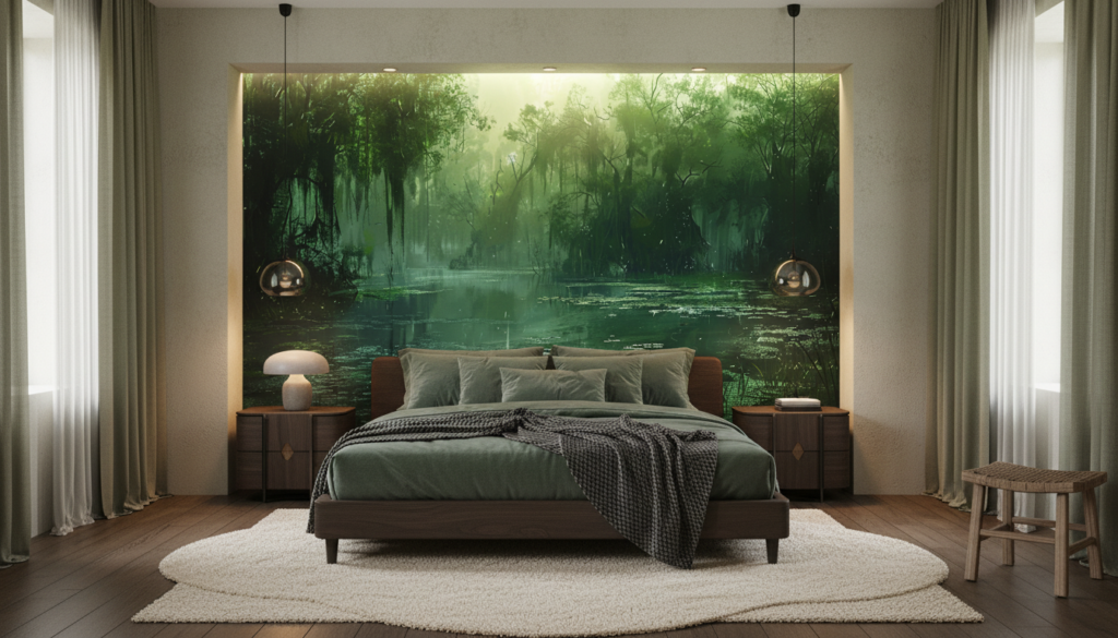 Paysage de Marais Mystérieux avec Reflets Verts et Atmosphère Brumeuse - Chambre adulte