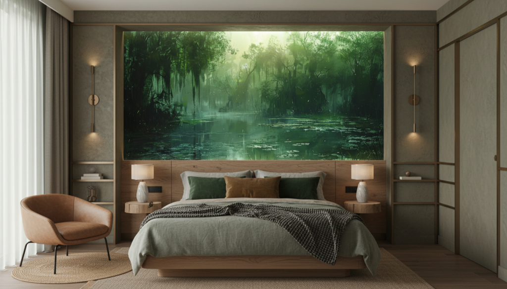 Paysage de Marais Mystérieux avec Reflets Verts et Atmosphère Brumeuse - Hôtel